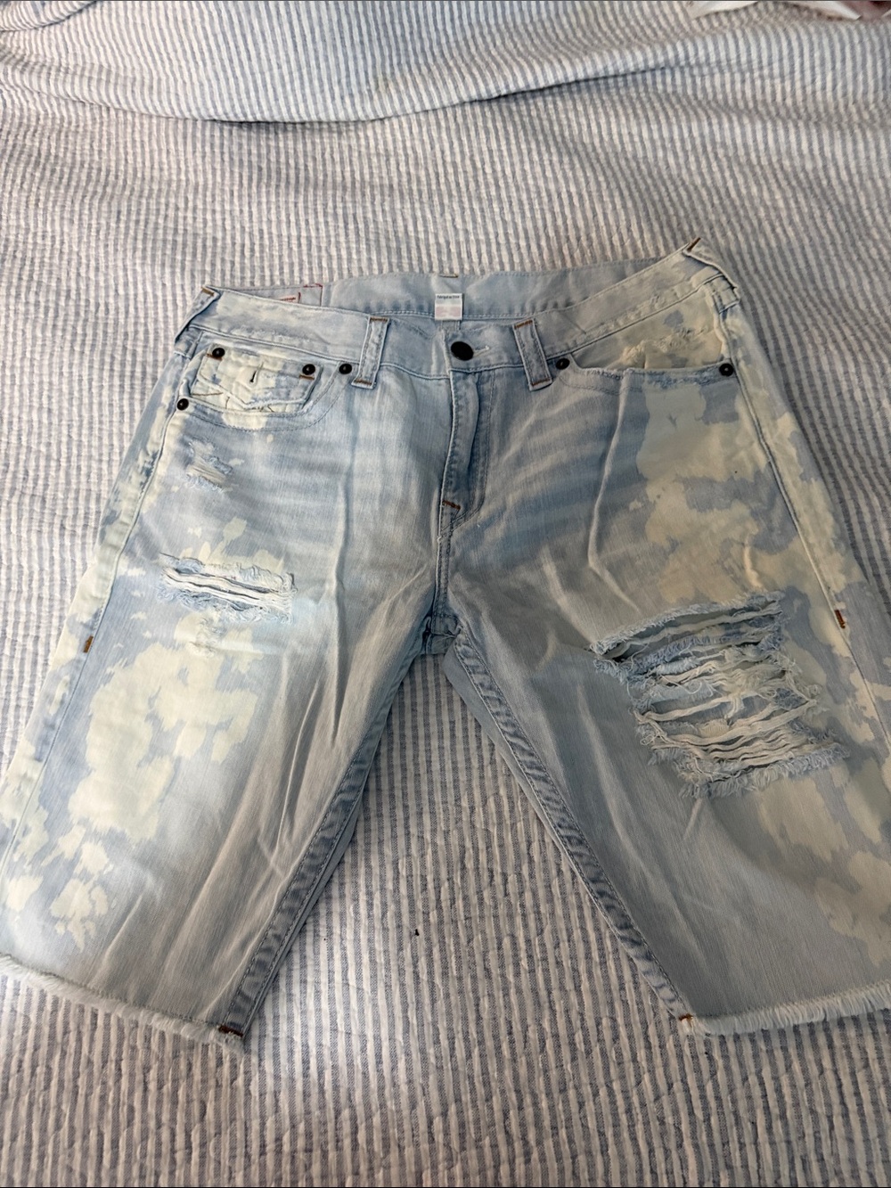 True Religion Light Blue Distressed Bleach-Effect Denim Shorts